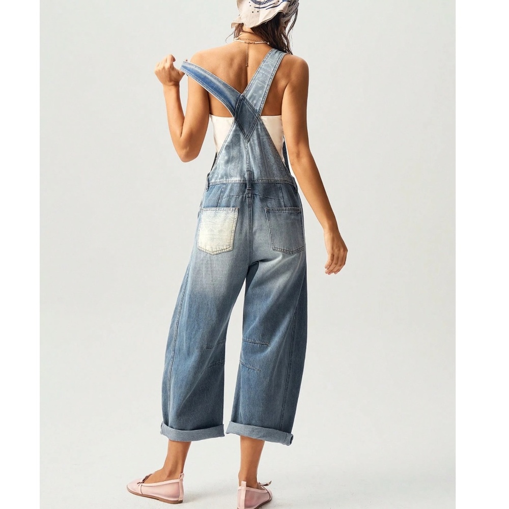 Boho Medium Wash Paisley print Button Wide Leg Denim Bib Overalls - Picture 2 of 7